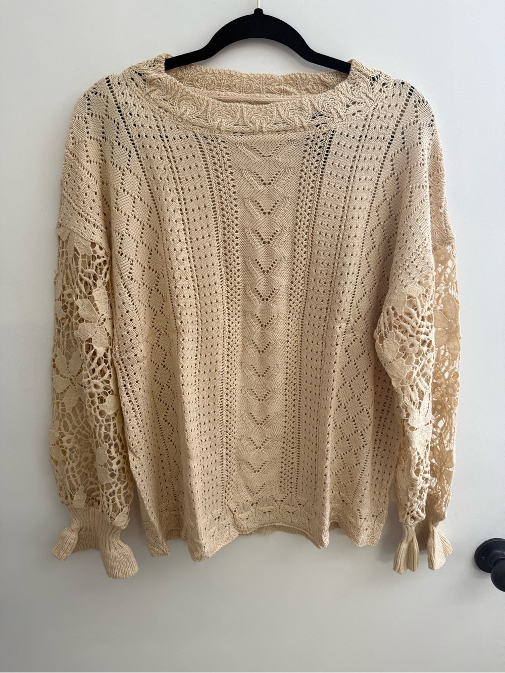 Cream Crochet-Sleeve Scoop Neck Knit Sweater